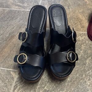 Black Platform Sandals with Buckle Accents